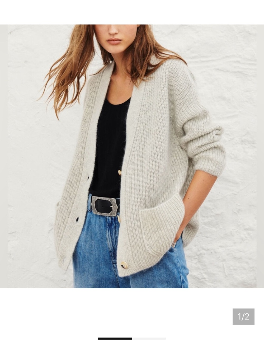 ba&sh blue light Cream Ribbed Open-Front Cardigan